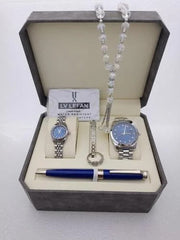 "Men's Stainless Steel Set: Watch, Rosary, Pen & Cufflinks"